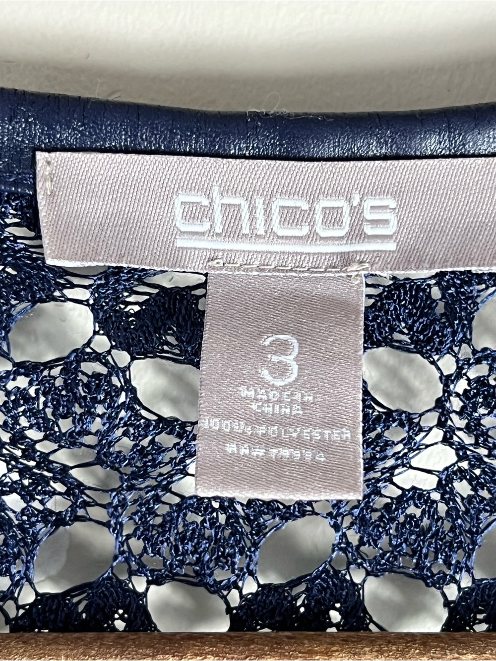 Chico's Navy Crochet Faux Leather Trim Long Sleeve Open Front Cardigan Size XL - Picture 4 of 8